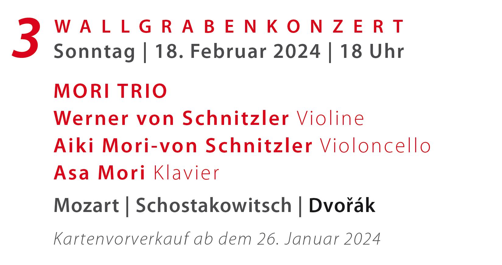 3. Wallgrabenkonzert (So. 19. März 2023, 18 Uhr)
		 .__. Werner von Schnitzler, Violine; Ana Mirabella Dina, Klavier   .__.  
		 .__. Werke von Mozart, Brahms, Stravinsky .__. 